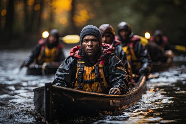 Foto canoa di soccorso in azione per salvare la vita generativa ia