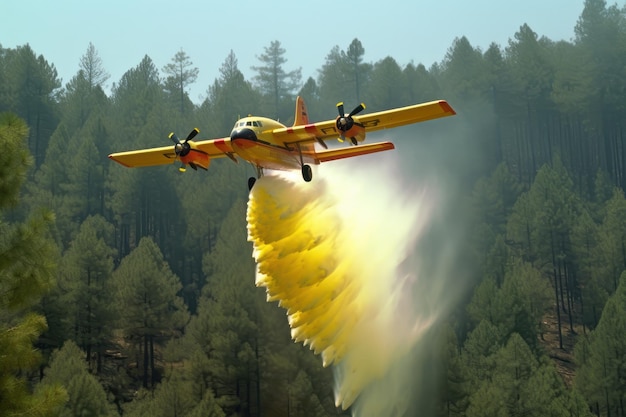 Rescue firefighting aircraft extinguish a forest fire by dumping water on a burning coniferous fores