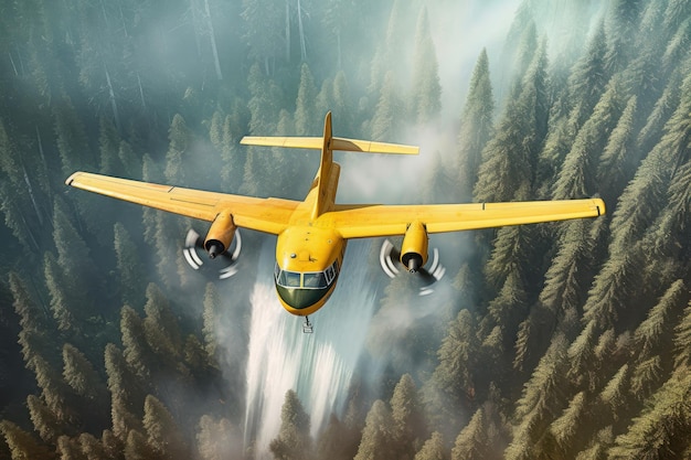 Rescue firefighting aircraft extinguish a forest fire by dumping water on a burning coniferous forest Saving forests fighting forest fires Bird'seye front view pine forest backdrop 3D rendering