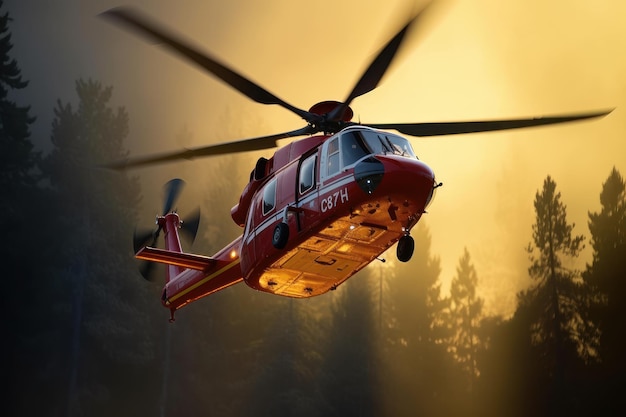 Rescue helicopter extinguishes a forest fire by dropping a large amount of water on a burning conife