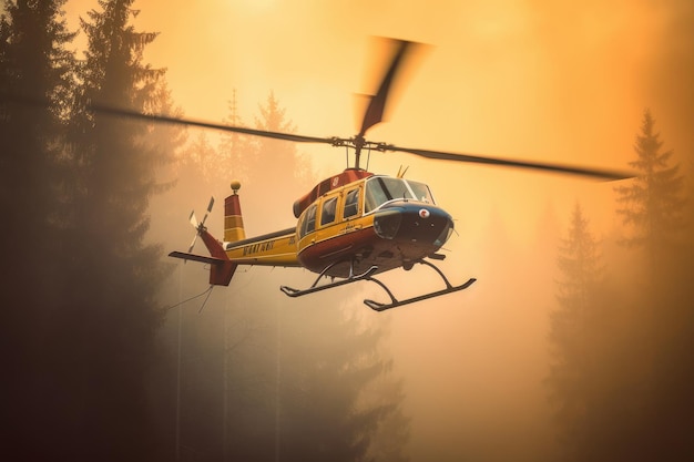 Rescue helicopter extinguishes a forest fire by dropping a large amount of water on a burning conife