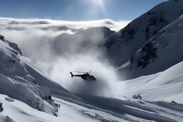 Rescue helicopter flying in a snowy landscape neural network ai generated