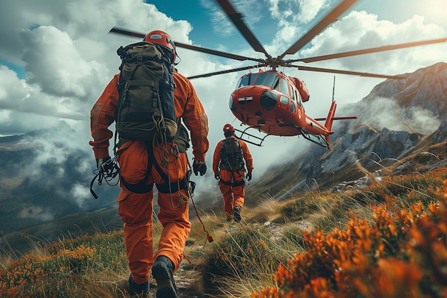 救助ヘリコプターが山の中を飛び込む 救助隊が山を飛ぶ