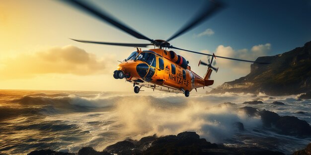 Rescue helicopter over the sea