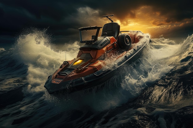 Rescue jet skiing faces waves while throwing floats in a tense environment generative IA