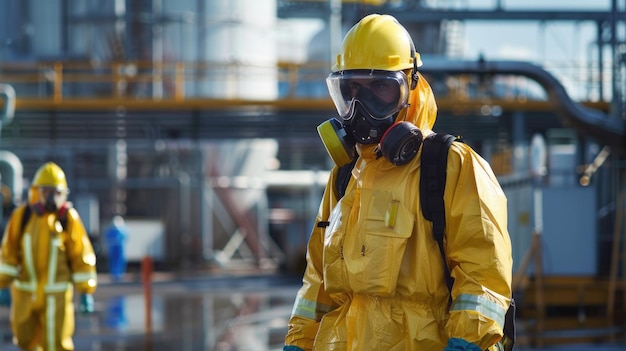 Photo rescue personnel in yellow chemical protective clothing responding to chemical spill at plant