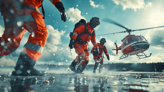 Спасательная команда в действии, брызгающая по воде с вертолетом над собой.