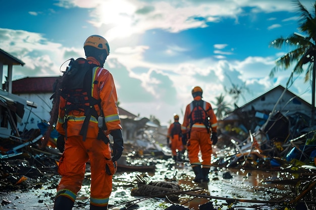 Photo rescue team in an earthquake and flood