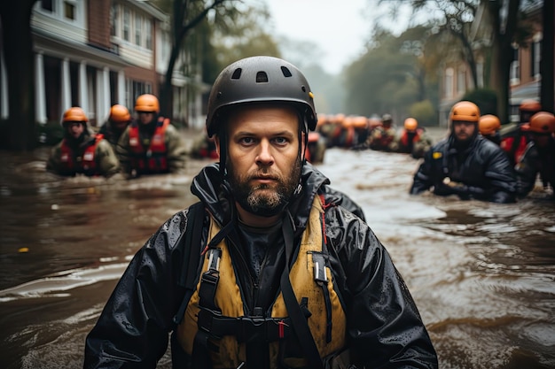 Rescue teams saving victims on flooded roofs generative IA