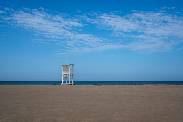 A rescue tower on a deserted beach on Baltic Sea coast Yantarny Kaliningrad region Russia