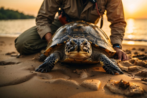 Rescue worker saving a sea turtle