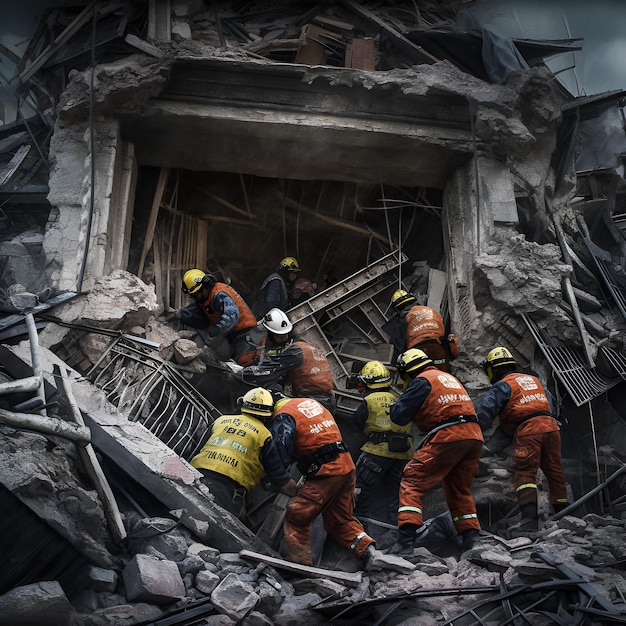 Photo rescue workers on the ruins