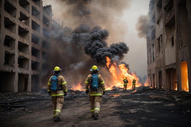 Photo rescue workers try to salvage building rubble and destruction from war