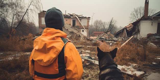 Photo rescuer with a dog at the site of a destroyed house during an earthquake