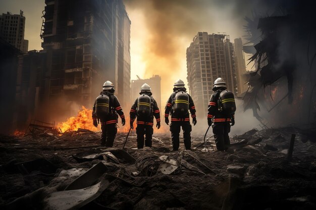 Rescuers and a firefighter in special clothing in a huge fire and destroyed buildings disaster