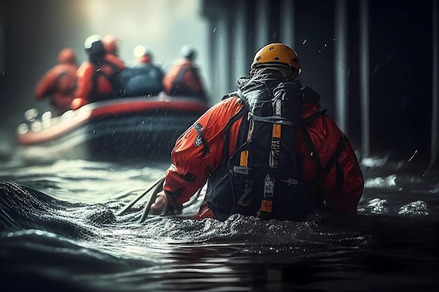 구조대원들이 홍수 속에서 사람을 찾고 있습니다. 생성적 AI 디자인