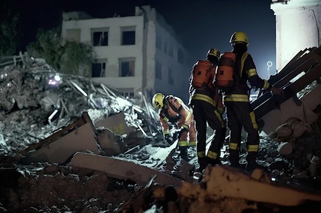 Rescuers in uniform and helmets dismantle the rubble of houses after the earthquake the ruined city and multistorey buildings disaster the consequences of a strong earthquake Generative AI