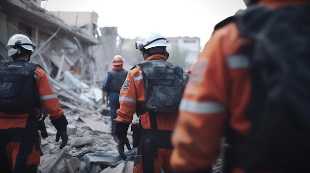 Rescuers in uniform and helmets sort out the rubble of houses after the destruction of a residential