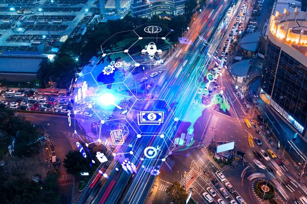 Research and development hologram on aerial view of road busy urban traffic highway at night Junction network of transportation infrastructure Concept of innovative logistics Double exposure