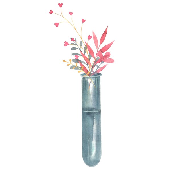 Research flask with flowers medical equipment laboratory glassware flowers twigs hand drawn watercolor illustration isolated