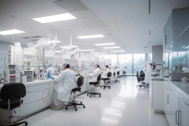 A research lab with scientists in white lab coats working on medical breakthroughs medical