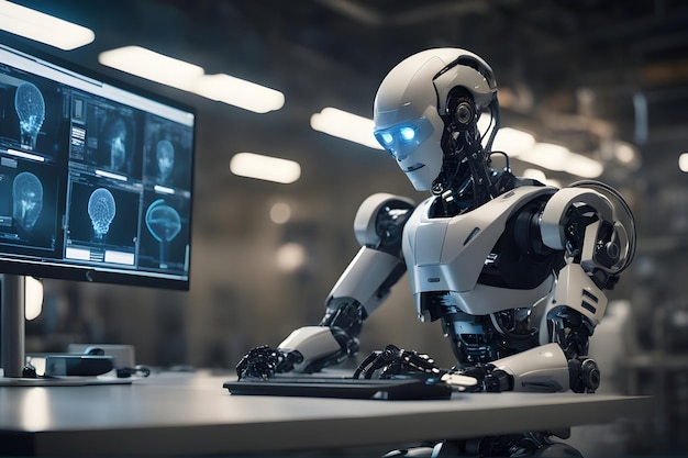 In a research laboratory a robot created by artificial intelligence can perform research and analys