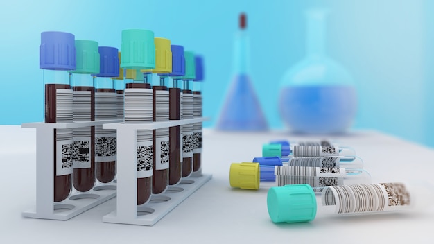 The research studies blood samples for treatment,human blood test to know physical health information,3d rendering