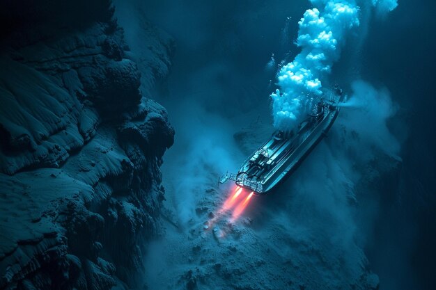 Исследовательская подводная лодка наблюдает за глубоководным гидротермальным генератором.
