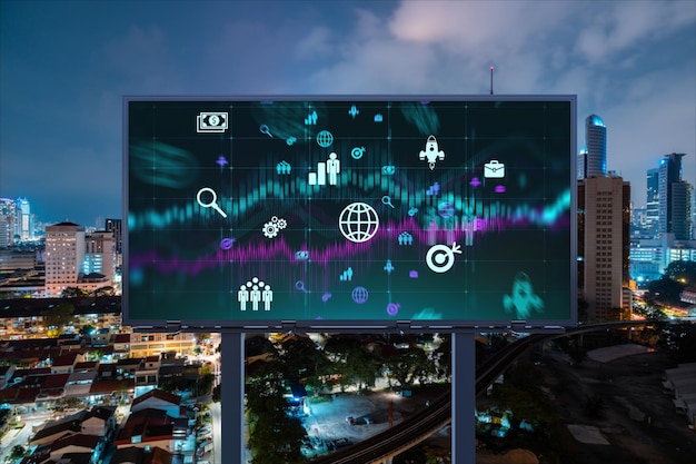 Research and technological development glowing icons on\
billboard night panoramic city view of kuala lumpur concept of\
innovative activities expanding new services or products in\
malaysia asia