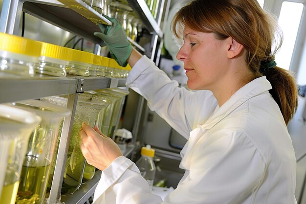 Photo researcher analyzing algae samples for biofuel development alternative energy sources