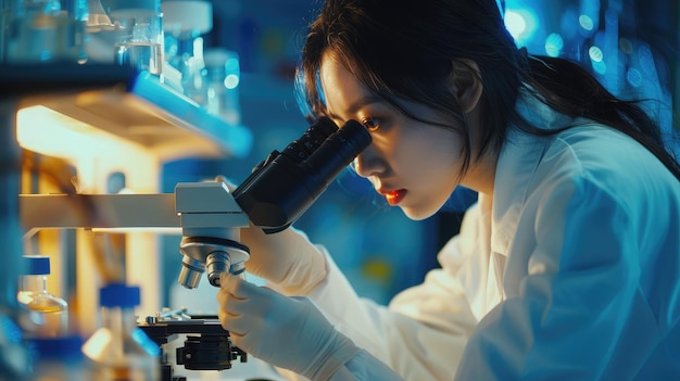 Researcher asian woman wear lab cost work mixing test tube specialist sample chemist equipment with microscope at laboratory Student young girl examining biotechnology health medical