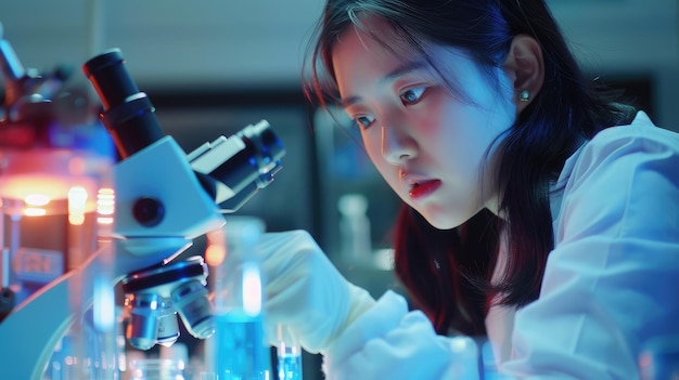 Researcher asian woman wear lab cost work mixing test tube specialist sample chemist equipment with microscope at laboratory Student young girl examining biotechnology health medical
