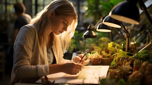Researcher examining plant specimens in a botanical garden