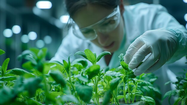 Foto ricercatore che esamina le piante in laboratorio