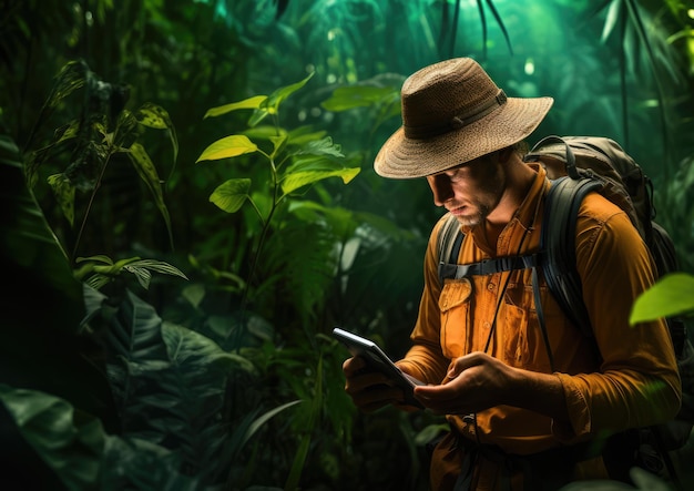 사파리 모자를 입고 GPS 장치를 들고 먼 정글에 있는 연구원이