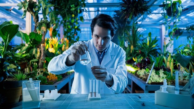 Photo researcher takes water in a test tube sitting in a greenhouse