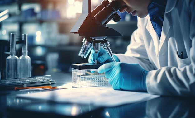 Researcher uses microscope in modern laboratory scientist works in lab Medical worker doctor performs test Concept of cancer research microbiology drug virus biotechnology Generative AI