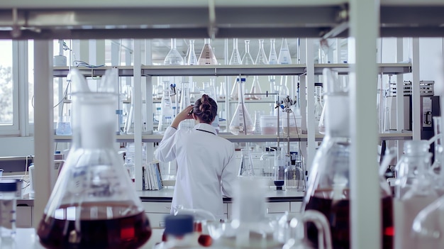 Photo a researcher wearing a lab coat is working in a laboratory she is looking at a shelf of chemicals and glassware