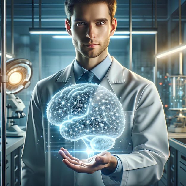 Researcher with a floating brain hologram in a lab