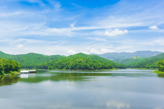 reservoir with clouds and blue sky