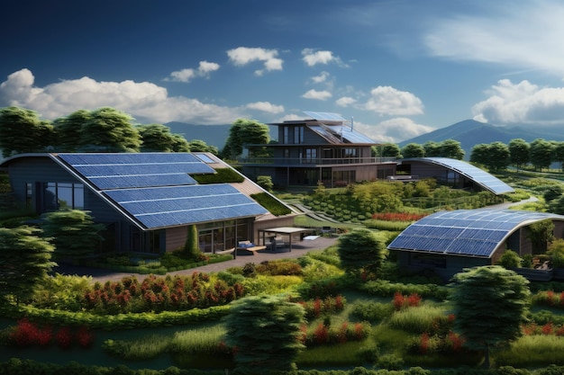 A residence featuring rooftop solar panels there is a solarpowered farm nearby complemented by stabl