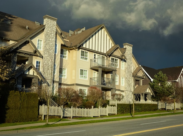 Residential apartment building on dark sky background