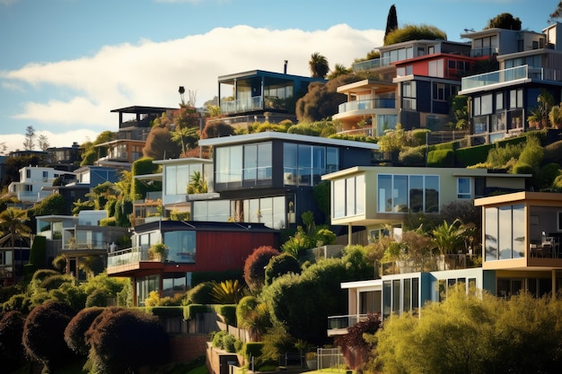 A residential area in Beach Haven Auckland New Zealand consisting of houses built on a hillside