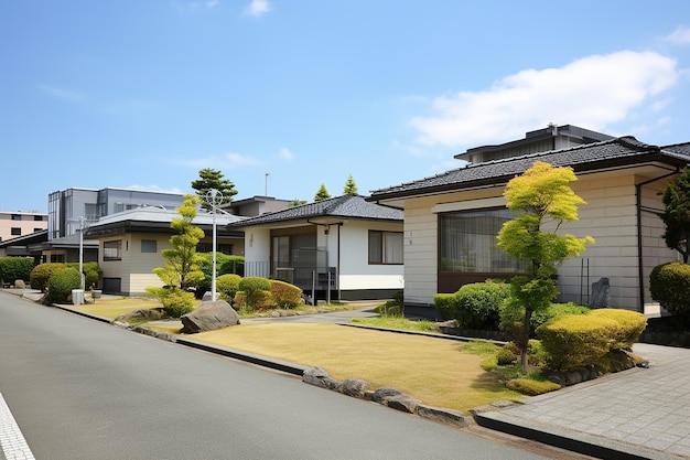 空の背景の家と通りを持つ住宅地