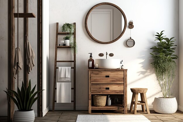 A residential bathroom with a wooden sink cabinet a round mirror