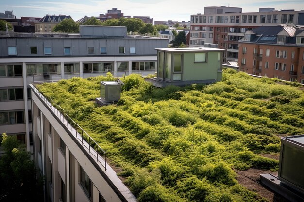 Residential building featuring a green rooftop viewed from above