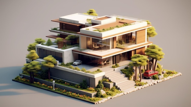 A residential building with a flat roof a balcony and landscaping AI generated