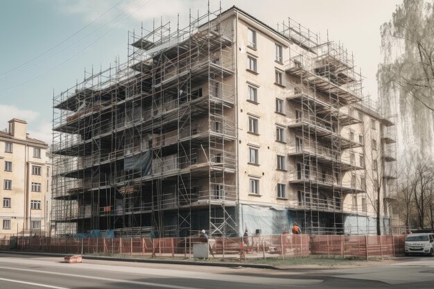 Residential building with scaffolding and workers on the exterior