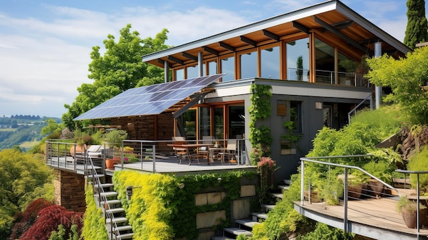 Residential Exterior with Sustainable Building Features such as Solar Panels or Green Roofs