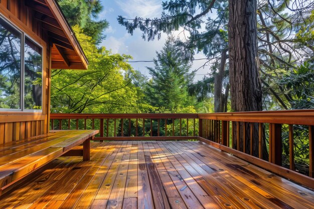 Photo residential home with redwood deck and bench overlooking trees